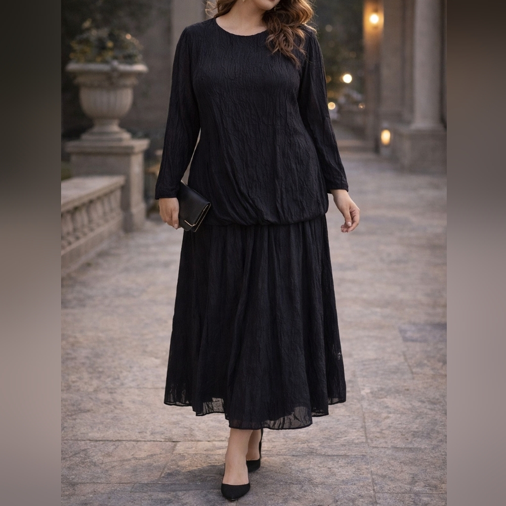 3X Vintage Black Ruched Drapey Long Sleeve Midi Dress